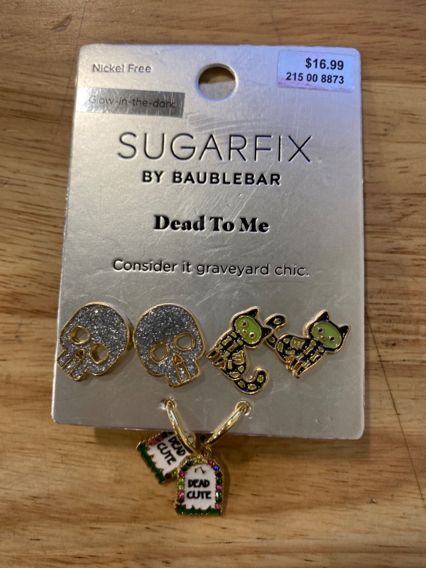 Photo 1 of Glow In the Dark Sugarfix by Baublebar Dead Graveyard Chic Gold Glitter Enamel Charm Earrings Set 
