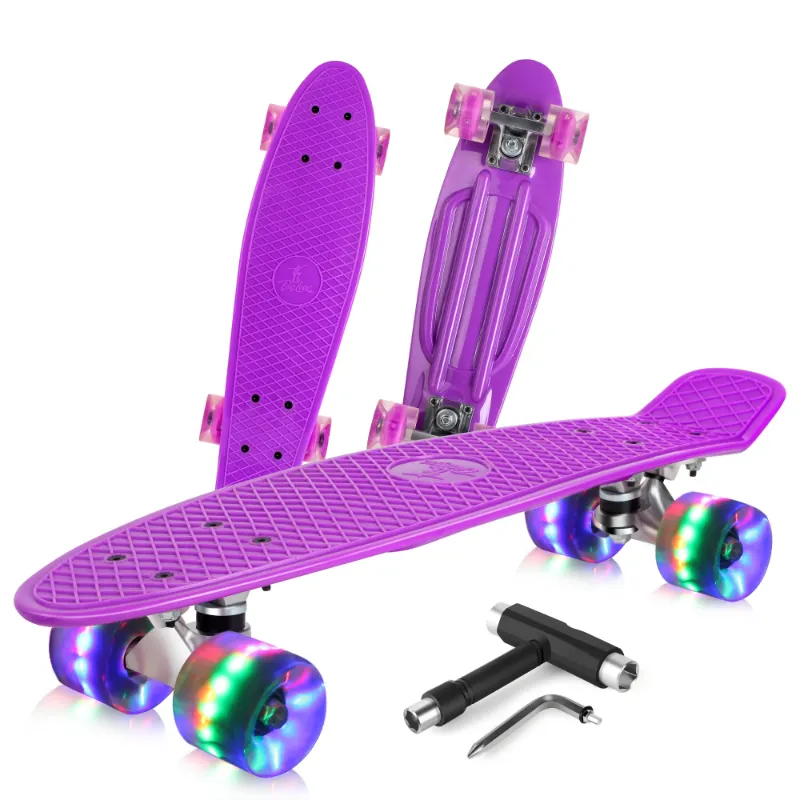 Photo 1 of BELEEV SKATEBOARD COMPLETE MINI CRUISER SKATEBOARD FOR KIDS TEENS ADULTS, LED LIGHT UP WHEELS WITH ALL-IN-ONE SKATE T-TOOL FOR BEGINNERS PURPLE