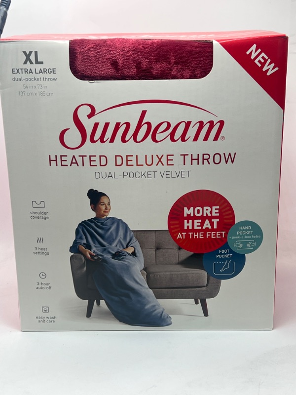 Photo 2 of Sunbeam Electric Heated Velvet Plush Deluxe Throw XL Dual Pocket Blanket Slate
