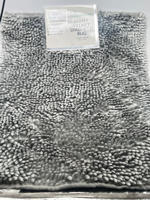 Photo 2 of POSH HOME Luxurious Shiny Velvet Washable Water Non Slip Absorbent Soft Bath Mat 17" x 24", Silver
