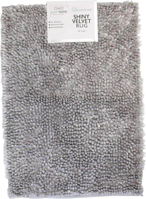 Photo 1 of POSH HOME Luxurious Shiny Velvet Washable Water Non Slip Absorbent Soft Bath Mat 17" x 24", Silver
