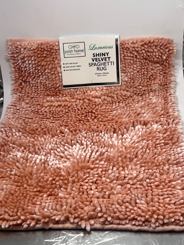 Photo 1 of POSH HOME Luxurious Shiny Velvet Washable Water Non Slip Absorbent Soft Bath Mat 17" x 24", Pink Blush