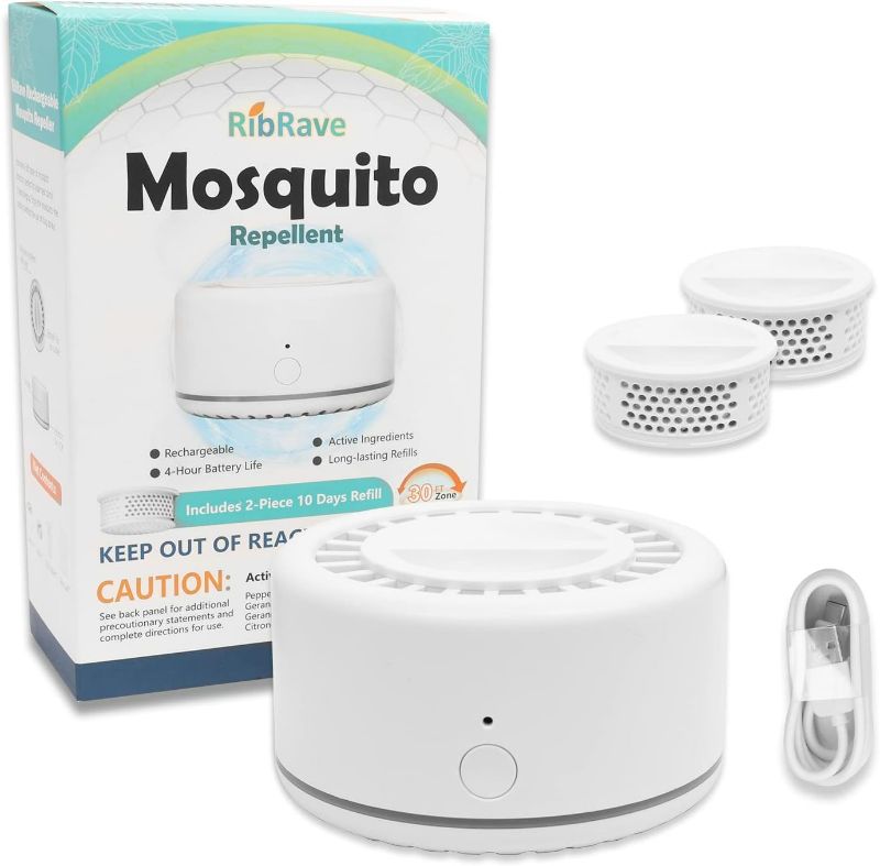 Photo 1 of RibRave Electronic Mosquito Repeller Insect Repellent Indoor and Outdoor, 30 ft Mosquito-Free Zone, Rechargeable Mosquito Repellent Device, 2 Refills

