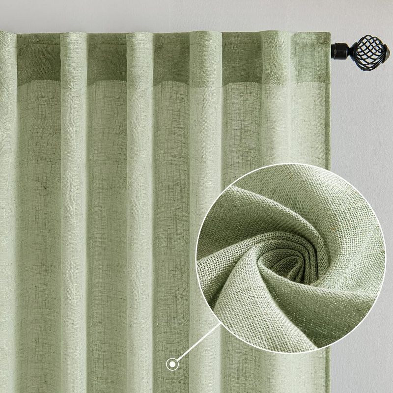 Photo 2 of MIULEE Sage Green Linen Curtains for Bedroom Living Room, Soft Thick Linen Textured Window Drapes Semi Sheer Light Filtering Back Tab Rod Pocket Burlap Look Farmhouse Decor, 54x72x2