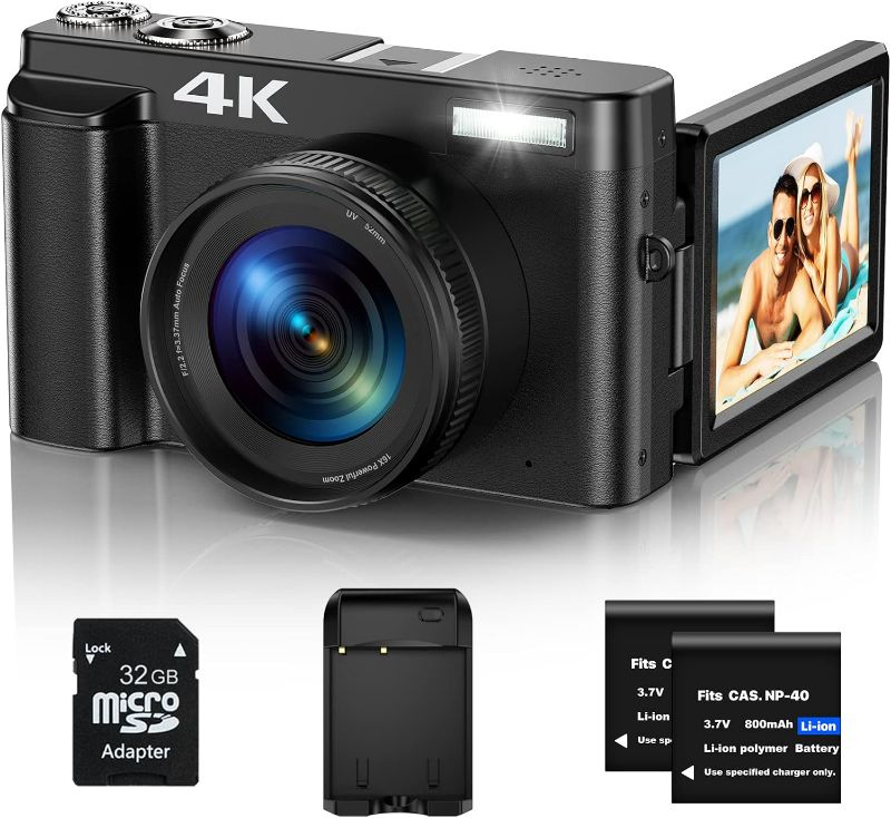 Photo 1 of 4K Digital Camera for Photography, Autofocus 48MP Vlogging Camera for YouTube with 3” 180 Degree Flip Screen, Compact Video Camera with 16X Digital Zoom, 32G SD Card, & Battery Charger
