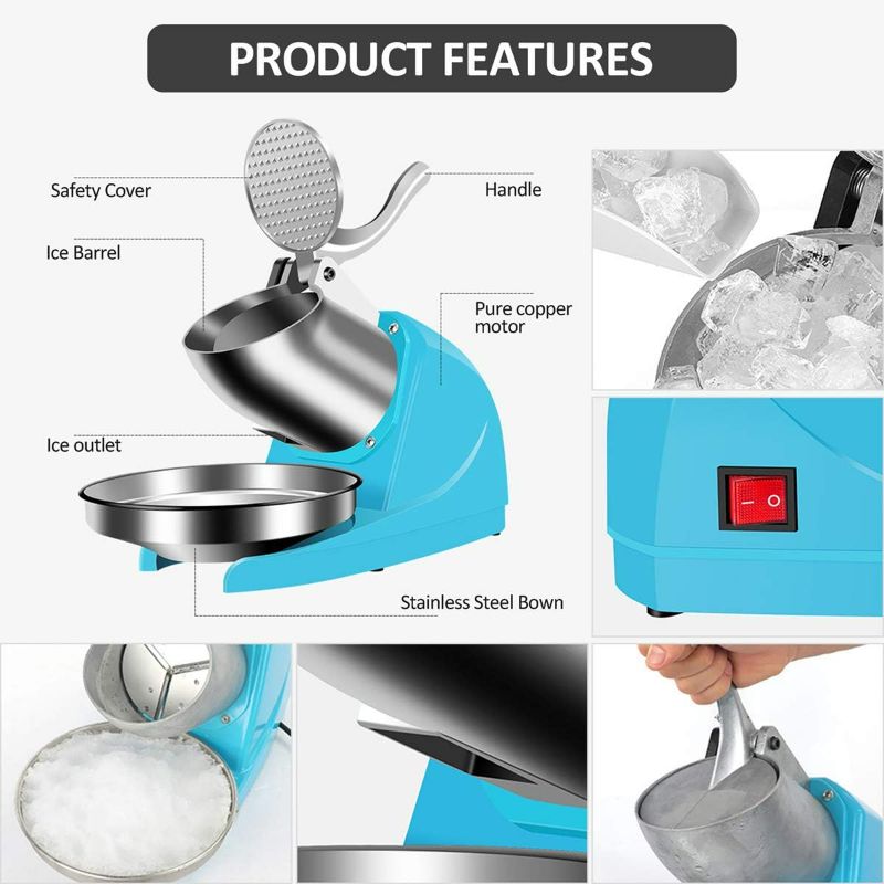 Photo 3 of RRH Electric Ice Crusher - Stainless Steel Blade Shaved Ice Machine Snow Cone Maker - Cool Summer Ice Shaver, 110V, 220lbs/hr, Blue
