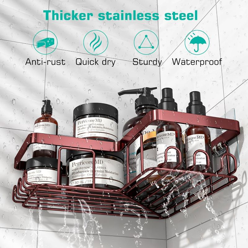Photo 2 of YASONIC Corner Adhesive Shower Caddy, with Soap Holder and 12 Hooks, Rustproof Stainless Steel Bathroom Organizer, No Drilling Wall Mounted Rack, bronze
