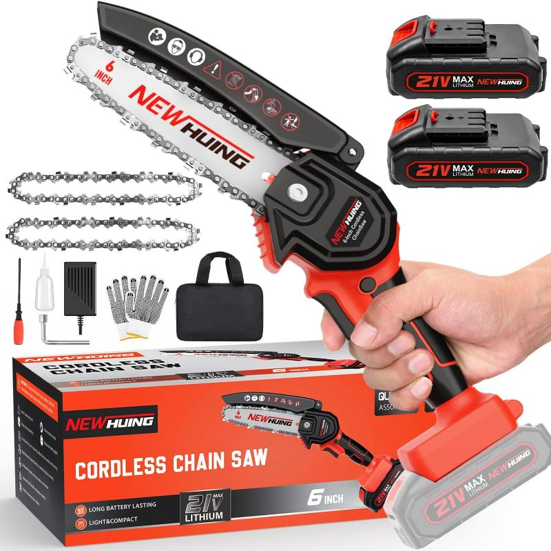 Photo 1 of Mini Cordless Chainsaw Kit, Upgraded 6" One-Hand Handheld Electric Portable Chainsaw, 21V Rechargeable Battery Operated, for Tree Trimming and Branch Wood Cutting by New Huing
