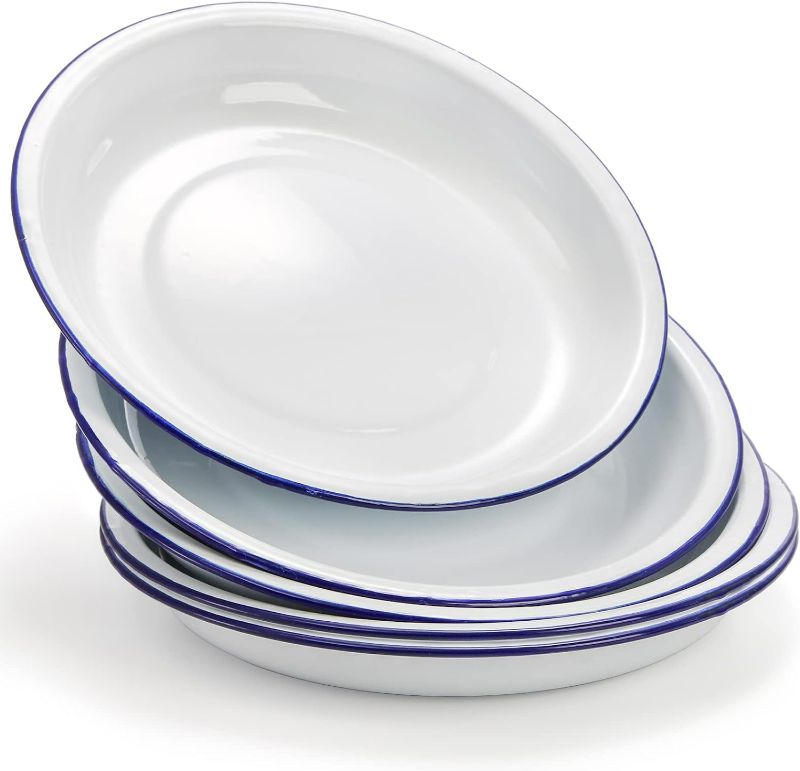 Photo 1 of Dicunoy Pack of 5 Enamel Plates, 9.5" Unbreakable Enamelware Dinner Serving Platter Trays, Retro White Round Shallow Bowls with Blue Rim for Pasta, Salad, Camping, Outdoor, Picnic, BBQ
