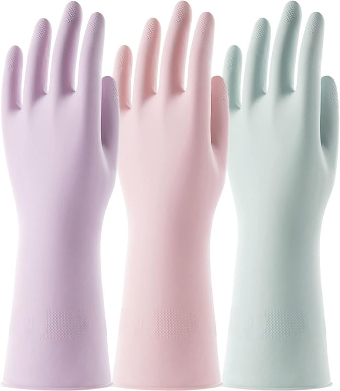 Photo 1 of COOLJOB 3 Pairs Reusable Rubber Gloves for Dishwashing Cleaning Bleaching, Grippy Latex Dish Washing Gloves with Flocked Cotton Liner, Water Resistant Household Gloves for Kitchen Bathroom, Small
