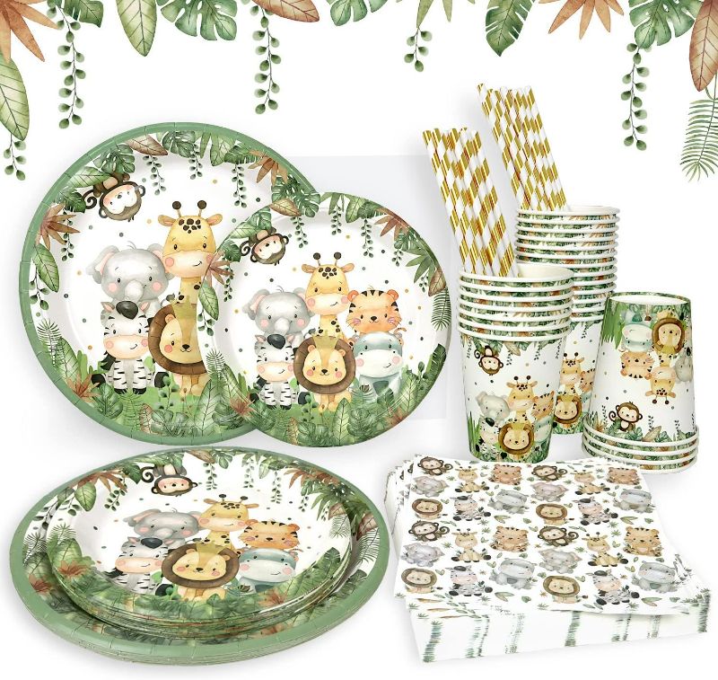 Photo 1 of Safari Jungle Baby Shower Plates Set Decorations Boy Birthday Party Supplies Serves 25,Sage Green Plates Napkins Cups and Straws Animals Theme Disposable Tableware Set
