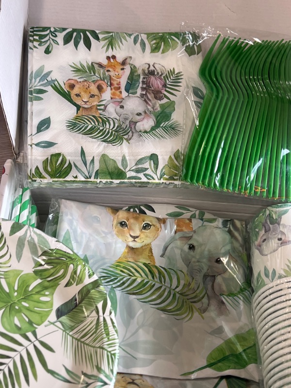 Photo 4 of Safari Jungle Baby Shower Plates Set Decorations Boy Birthday Party Supplies Serves 25,Sage Green Plates Napkins Cups and Straws Animals Theme Disposable Tableware Set
