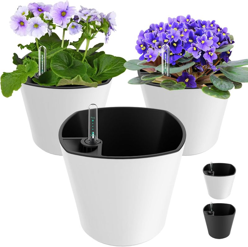 Photo 1 of GS Garden 7 inch Plant Pots 3-Pack, Self Watering Flower Pots Indoor Outdoor, African Violet Pots Planters with Drainage Hole Saucer Reservoir, White
