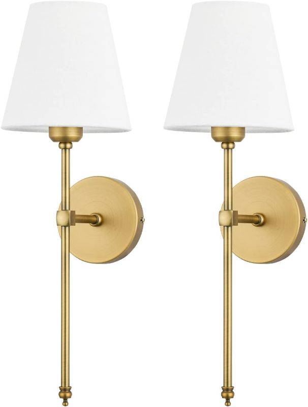 Photo 1 of Bsmathom Wall Sconces Sets of 2, Classic Brushed Brass Sconces Wall Lighting, Hardwired Bathroom Vanity Light Fixture with Fabric Shade for Bedroom Living Room Hallway Kitchen, Gold
