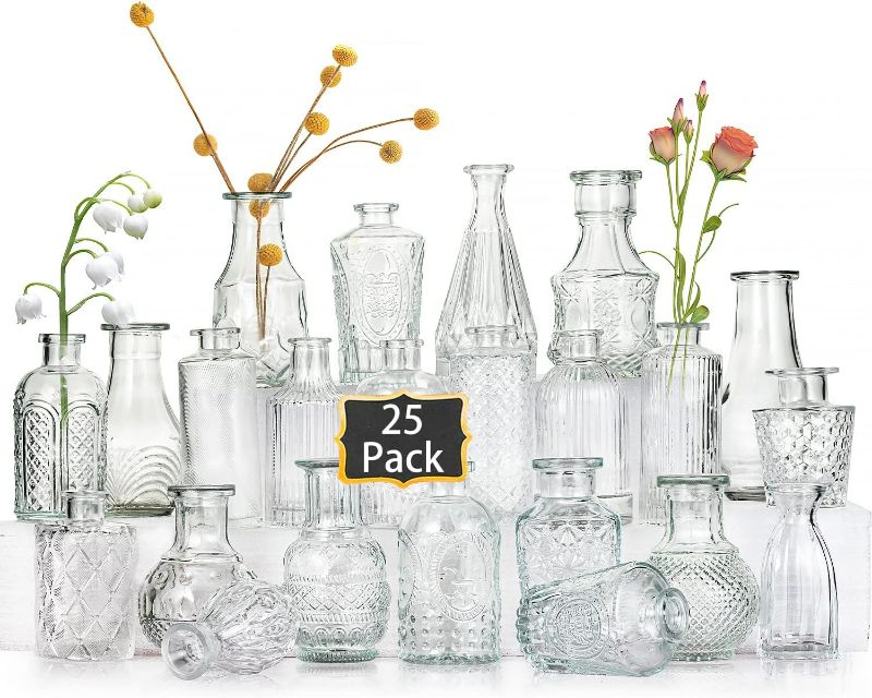 Photo 1 of Glass Bud Vases Set of 25,Small Clear Vases for Flowers, Vintage Vases in Bulk for Centerpieces,Mini Glass Vase Assorted for Rustic Wedding,Floral Arrangements,Home Table Decorations
