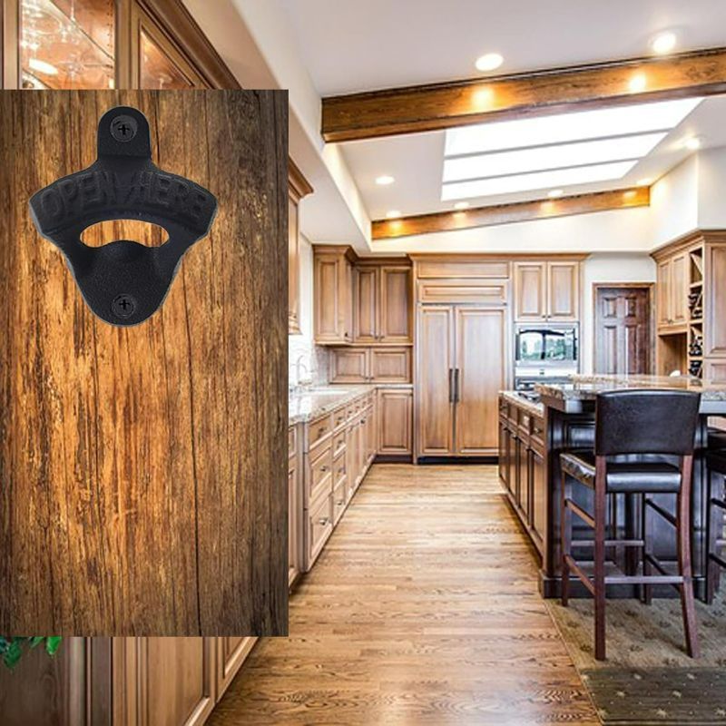 Photo 1 of Luwanburg 6 PCS Black Cast Iron Beer Bottle Opener Wall Mounted Bottle Cap Opener Open Here for Man Cave Patio Bar
