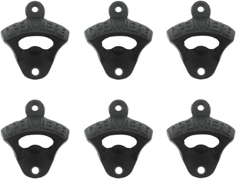 Photo 1 of Luwanburg 6 PCS Black Cast Iron Beer Bottle Opener Wall Mounted Bottle Cap Opener Open Here for Man Cave Patio Bar
