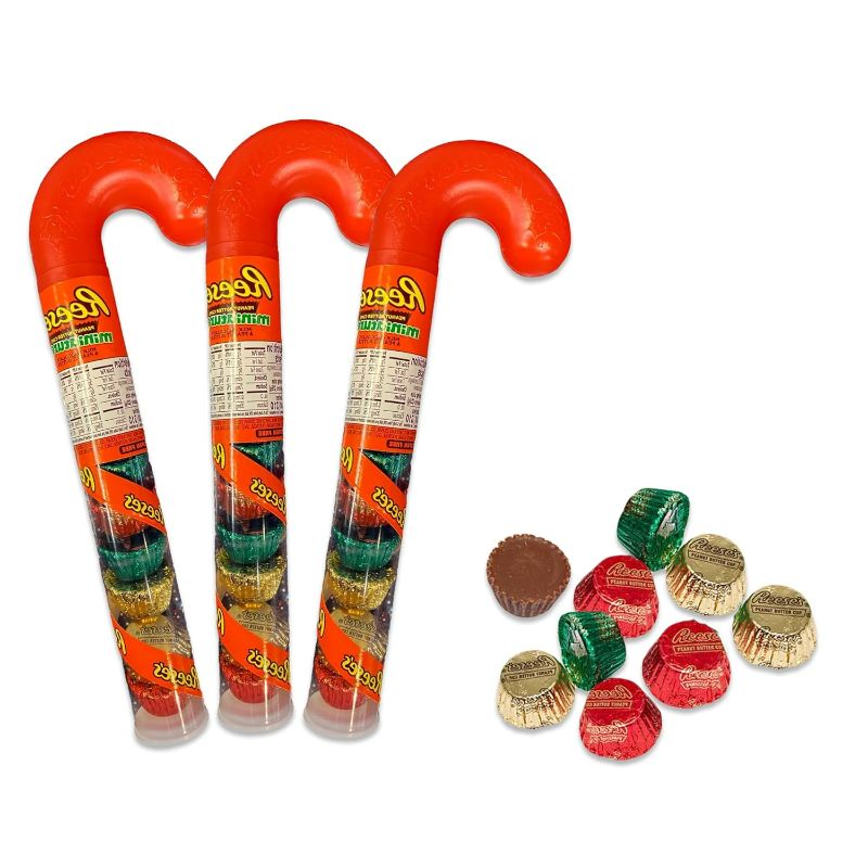 Photo 1 of Reeses Christmas Candy Cane Tube 3 Pack of Mini Reeses Peanut Butter Cups, Bulk Reese's Peanut Butter Cups, Reece's Candy Cane, Reeses Cups, Peanut Butter Candy, Reeses Stocking Stuffer Candy