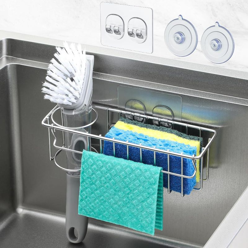 Photo 1 of 3-In-1 Sponge Holder for Kitchen Sink, 2 Suspension Options(Suction Cups & Adhesive Hook), Hanging Sink Caddy Organizer Rack - Sponge, Dish Cloth, Brush, Scrubber, Soap Tray, 304 Stainless Steel
