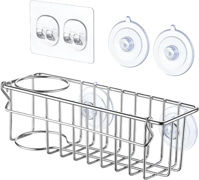 Photo 2 of 3-In-1 Sponge Holder for Kitchen Sink, 2 Suspension Options(Suction Cups & Adhesive Hook), Hanging Sink Caddy Organizer Rack - Sponge, Dish Cloth, Brush, Scrubber, Soap Tray, 304 Stainless Steel
