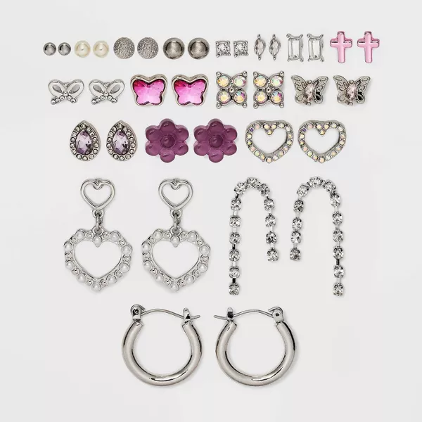 Photo 1 of Mixed Heart Butterfly Icon Cubic Zirconia Hoop Earring Set 18pc - Wild Fable™ Silver
