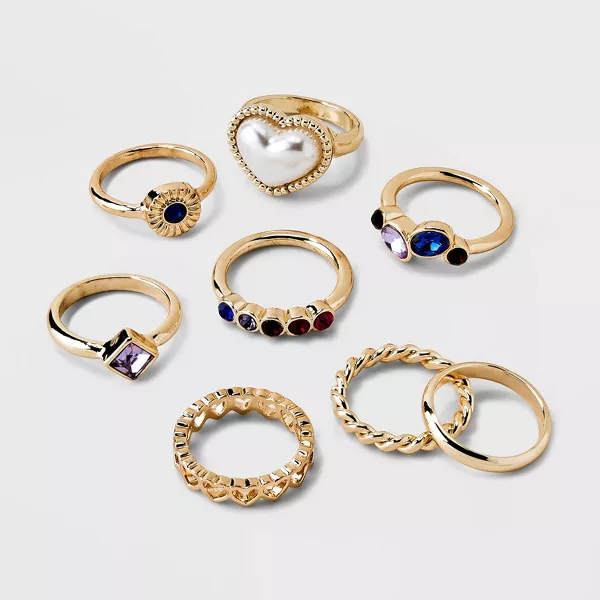 Photo 1 of Simulated Pearl Heart and Stone Ring Set 8pc - Wild Fable™ Gold
size 7