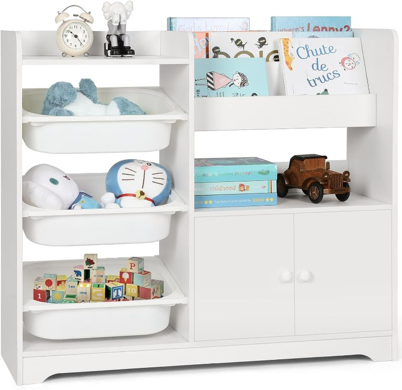 Photo 1 of Cowiewie Toy Storage Organizer with 2-Tier Kids Bookshelf and 3 Removable Toy Bins, White Toy Organizers and Storage with Closed Cupboard for Playroom, Kids Room, Bedroom
