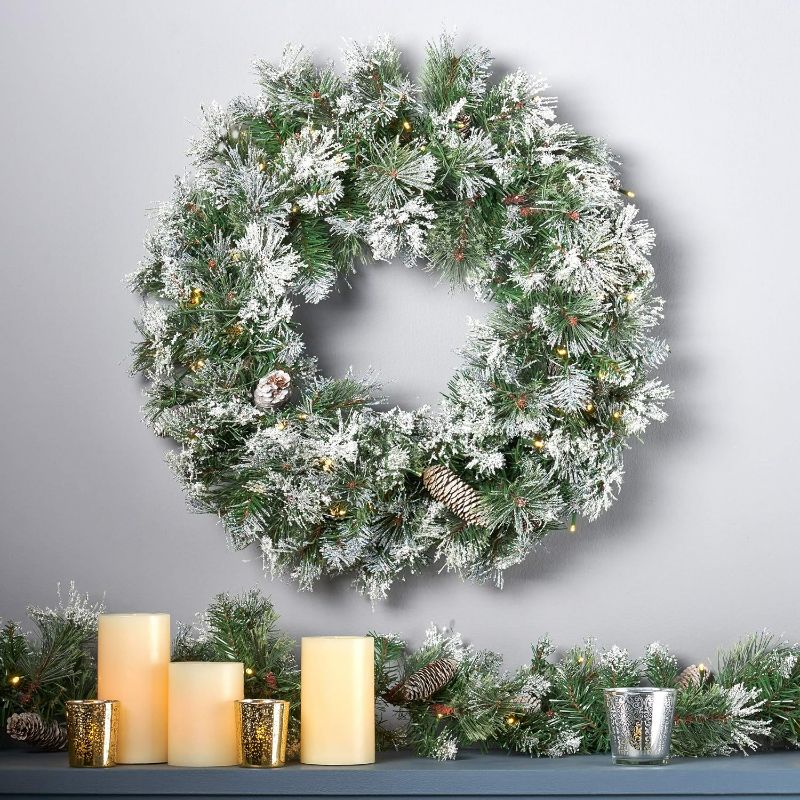 Photo 1 of Christopher Knight Home 24' Mixed Spruce Christmas Wreath w/50 Warm White LED Lights, Flocked Snow and Glitter Branches, Pinecones - Battery-Operated, No Timer, Green
