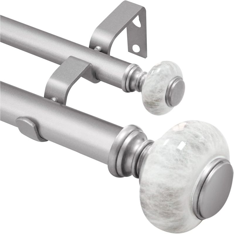 Photo 1 of Ycolnaefllr 1 Inch Diameter Silver Double Curtain Rods For Windows 120 to 170 inch, Double Curtain Rod Set With White Marble Finials and Brackets For Living Room, Farmhouse, Bedroom, Etc.
