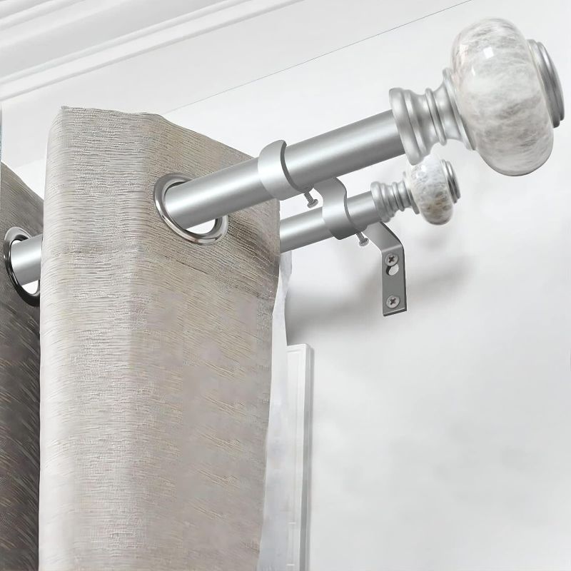 Photo 2 of Ycolnaefllr 1 Inch Diameter Silver Double Curtain Rods For Windows 120 to 170 inch, Double Curtain Rod Set With White Marble Finials and Brackets For Living Room, Farmhouse, Bedroom, Etc.
