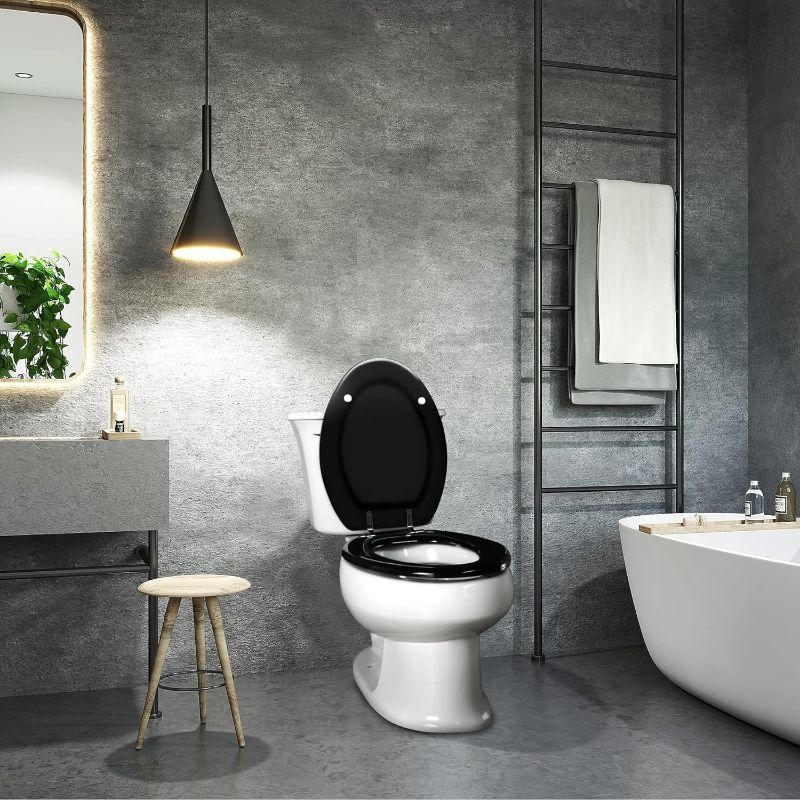 Photo 2 of Black Elongated Toilet Seat Natural Wood Toilet Seat with Zinc Alloy Hinges, Easy to Install also Easy to Clean, Scratch Resistant Toilet Seat by Angol Shiold (Elongated, Black)
