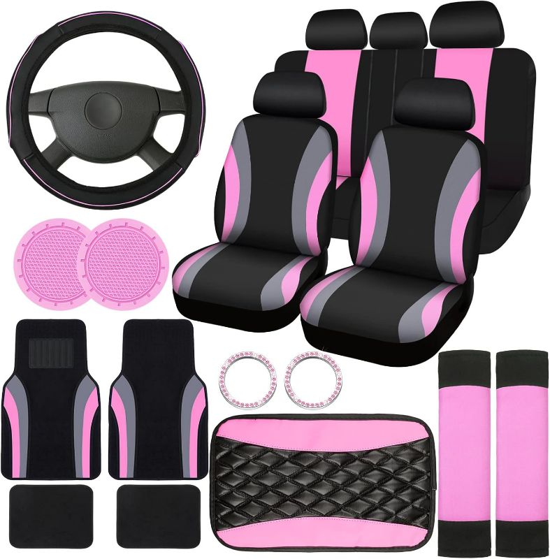 Photo 1 of Fabbay 21 Pcs Car Seat Covers Full Set Car Floor Mats Steering Wheel Cover Armrest Cover Seat Belt Pad Seatbelt Covers Cup Mats Car Emblem Ring Sticker for Sedans Trucks SUV (Black, Pink)
