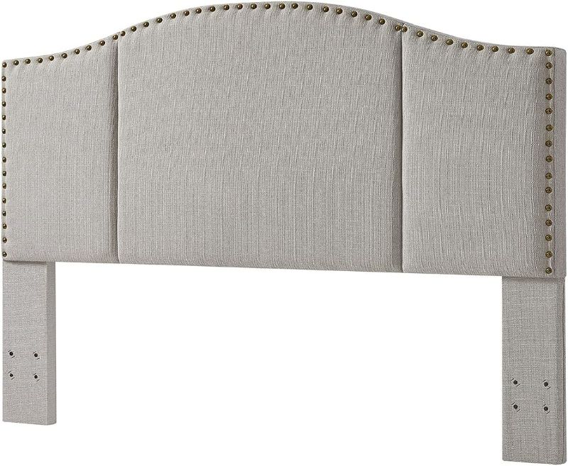 Photo 2 of 24KF Middle Century Linen Upholstered Tufted King Size Headboard with Antique Brass Nail Heads Trim King/California King headboard-Linen
