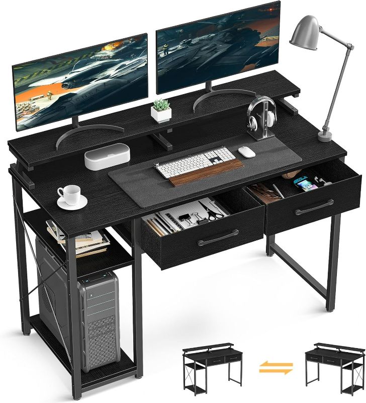 Photo 1 of ODK Computer Desk with Adjustable Monitor Shelves, 40 inch Home Office Desk with Monitor Stand, Writing Desk, Study Workstation with 3 Heights (10cm, 13cm, 16cm), Black 40 inch Black