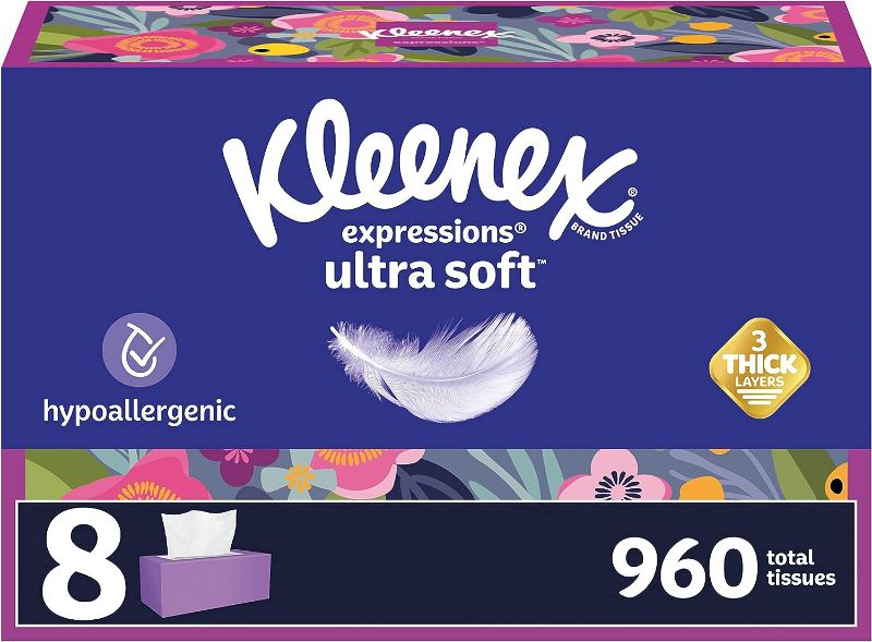 Photo 1 of Kleenex Expressions Ultra Soft Facial Tissues, 8 Flat Boxes, 120 Tissues per Box, 3-Ply, Packaging May Vary
