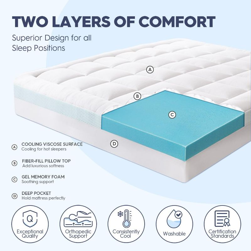 Photo 2 of ELEMUSE Dual Layer 4 Inch Memory Foam Mattress Topper Queen Size, 2 Inch Cooling Gel Memory Foam Plus 2 Inch Bamboo Pillow Top Cover, Comfort Support Back Pain Relief Queen White