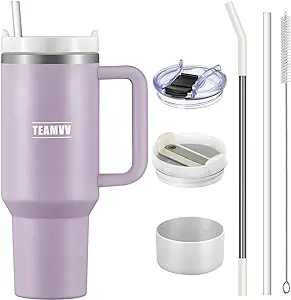 Photo 1 of 40 oz Tumbler with Handle and Straw Stainless Steel Vacuum Insulated Tumbler Tea or Iced Coffee Mug for Hot or Cold Beverages 40 oz Tumbler with Handle(Lilac) PACKAGING MAY VARY