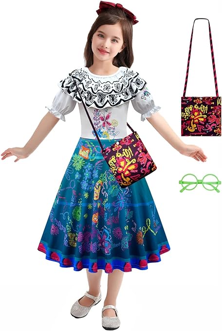 Photo 1 of Encanto Mirabel Costume Dress Princess Cosplay Skirt Outfit Halloween Dress Up With Bag Glasses For Girls Kids 7-8T