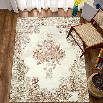 Photo 1 of  Oriental Distressed Area Rug 4x6 Boho Rug Washable Low-Pile Living Room Rug Non-Slip Accent Floor Mat for Bedroom Aesthetic Persian Throw Carpet for Apartment Kitchen Dining Table Red