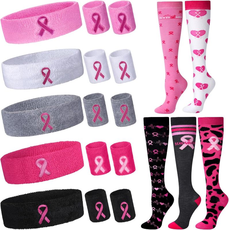 Photo 1 of 20 Pcs Breast Cancer Survivor Gifts for Women 5 Pairs Breast Cancer Awareness Compression Socks 10 Pcs Terry Cloth Wristbands and 5 Pieces Pink Ribbon Headbands for Tennis Basketball Athletic