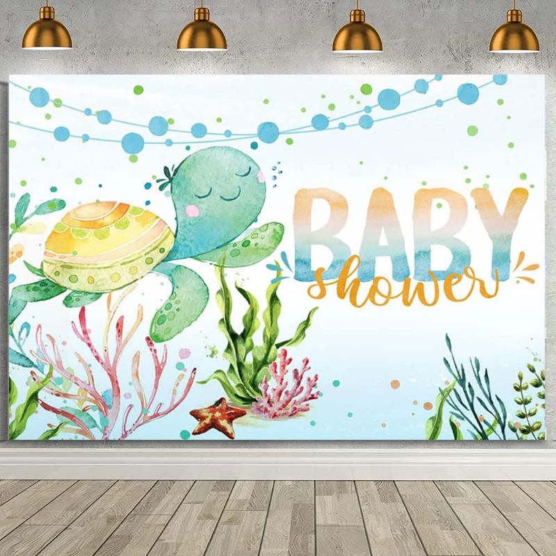 Photo 1 of 8x6ft Under The Sea Baby Shower Backdrop Ocean Baby Shower Photography Background Banner Under The Sea Turtle Backdrop Turtle Birthday Decoration Background Banner for Cake Table Supplies