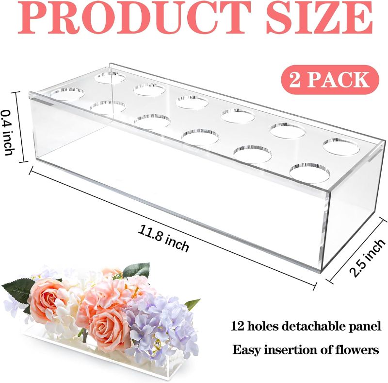 Photo 1 of 2 Packs 11.8" Acrylic Flower Vase Rectangular, 12 Holes Clear Floral Centerpiece for Wedding Dining Table Home Decor