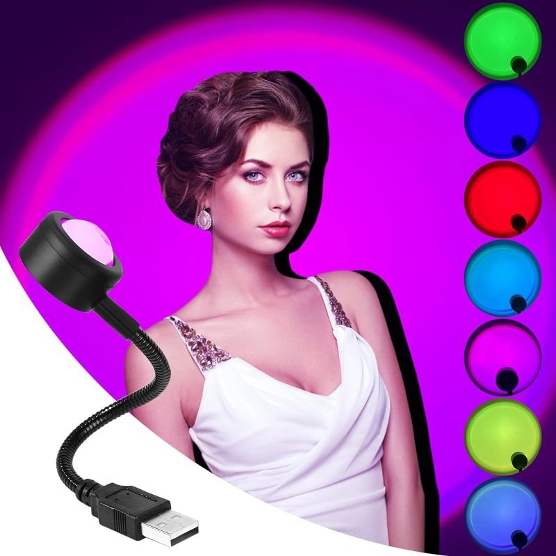 Photo 1 of  Sunset Projector Night Light, LED RGB Night Light Portable Adjustable USB Flexible Interface Show Romantic Atmosphere Night Projector for Cars, Bedrooms, Parties