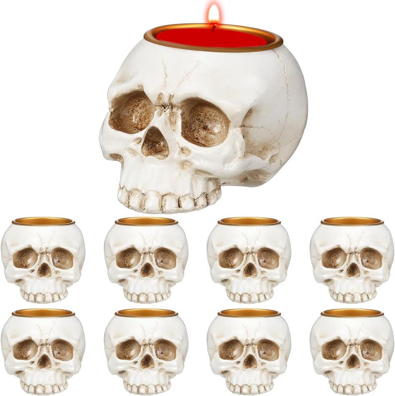 Photo 1 of Dandat 8 Pcs Halloween Skull Candle Holder Gothic Cranium Skeleton Spooky Horror Zombie Theme Candlestick Holder Tealight Resin Candlestick Crafts for Party Graveyard Outdoor Home Decoration black - pls note item is black