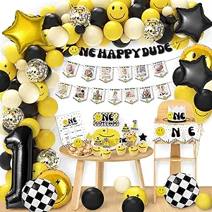 Photo 1 of 192 Pieces One Happy Dude Birthday Party Decorations First Birthday Smile Face Party Tableware Set Smiley Plates Cups Napkins Forks for One Happy Dude Party, 1st Birthday Party, Serve 28 Guest - PACKAGING MAY VARY