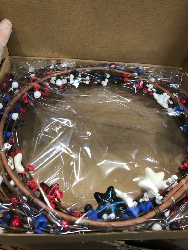Photo 2 of  Fourth of July Wreath 18 inch, Patriotic Wreaths for Front Door, Americana Door Wreath with Red White Blue Berry and White Star for Memorial Day Independence Day Decorations