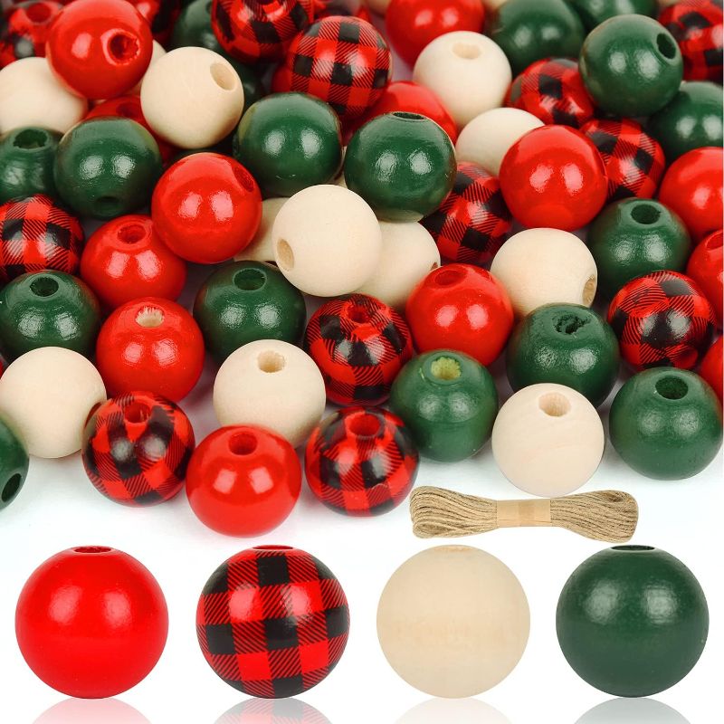 Photo 1 of 160 Pcs Christmas Wooden Beads for Crafts Buffalo Plaid Wood Beads Colorful Polished Wooden Craft Beads with Hemp Rope for DIY Craft Christmas Party Home Decoration (Red Green Natural Wood)