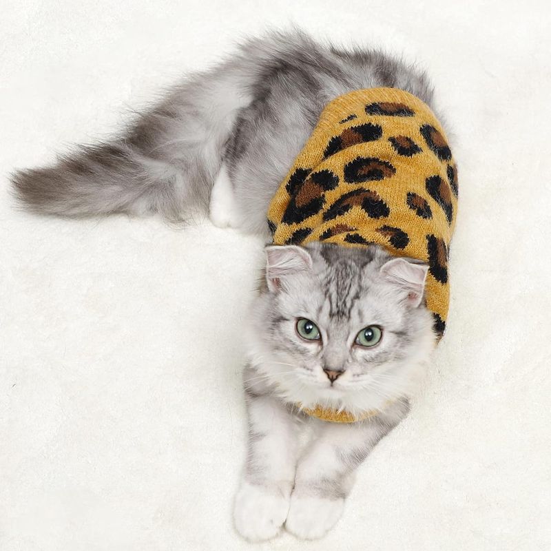 Photo 1 of  Cat Sweater Leopard Cat Clothes Soft Warm Small Dog Sweater for Indoor and Outdoor Use(Yellow, Medium)