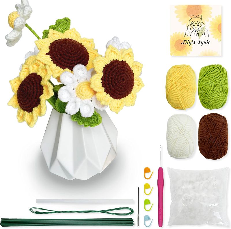 Photo 1 of Lily's Lyric Flower Crochet Kit | Sunflower & Daisy Flower | Step-by-Step Video Tutorial for Adults Teenagers | DIY Home Decoration Craft Table Centerpiece