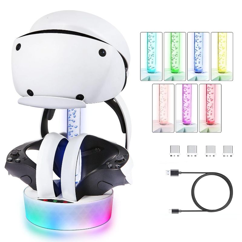 Photo 1 of Charging Station for PS5 VR2, ZHUOVERCI PSVR2 Adjustable RGB Gradient Light on Stand&Base, 4Pcs Magnetic Connector Support with Fast Charging&Led Indicator Accessories for VR2 Controllers, White